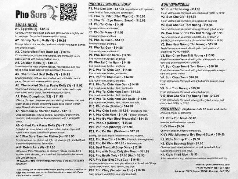 Pho Sure - Valencia, CA menu_pic