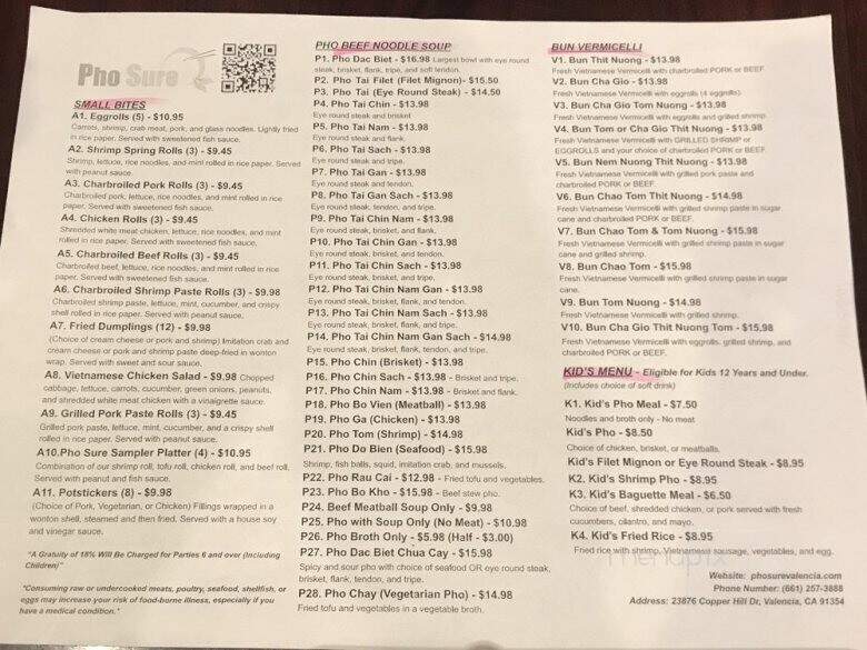 Pho Sure - Valencia, CA menu_pic