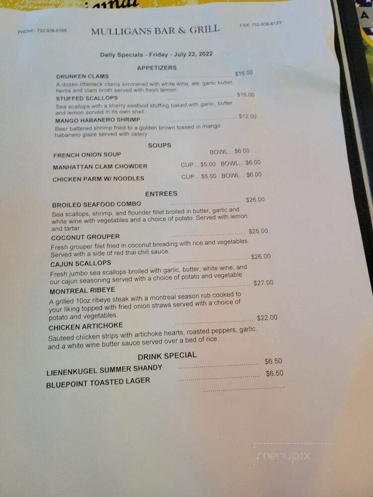 Mulligan's Bar & Restaurant - Farmingdale, NJ menu_pic