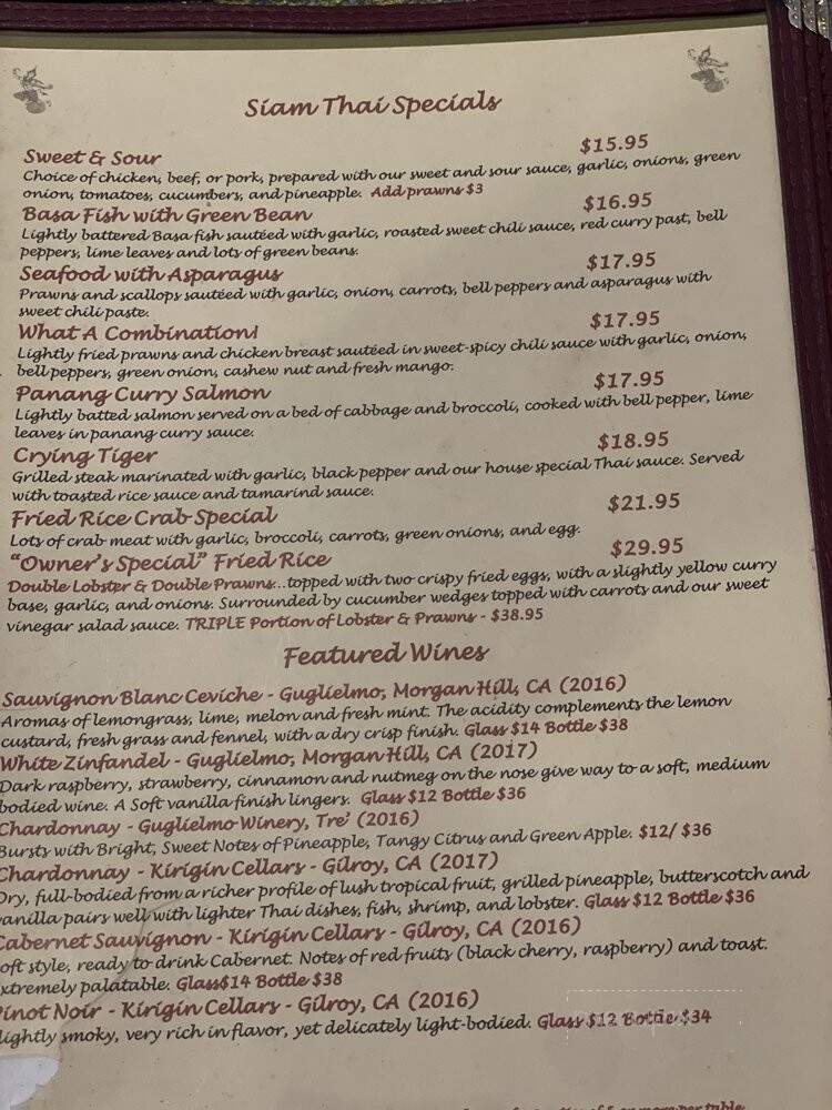 Siam Thai Restaurant - Morgan Hill, CA menu_pic