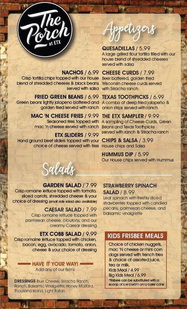 The Porch at ETX - Tyler, TX menu_pic