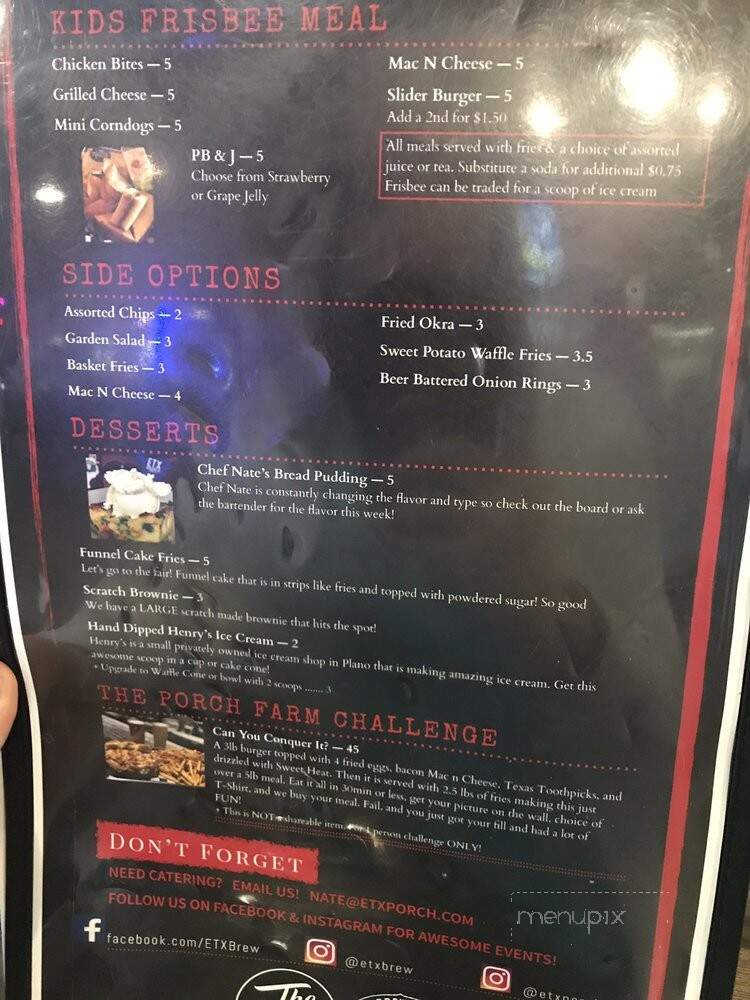 The Porch at ETX - Tyler, TX menu_pic
