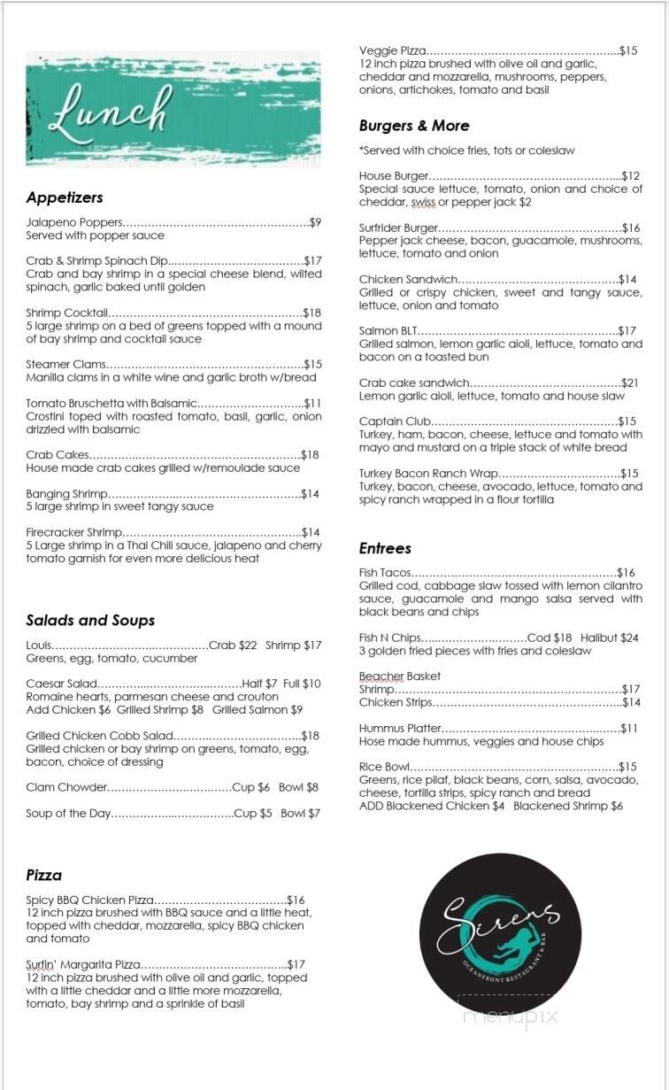 Sirens Oceanfront Restaurant & Bar - Depoe Bay, OR menu_pic