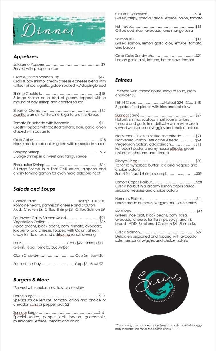 Sirens Oceanfront Restaurant & Bar - Depoe Bay, OR menu_pic