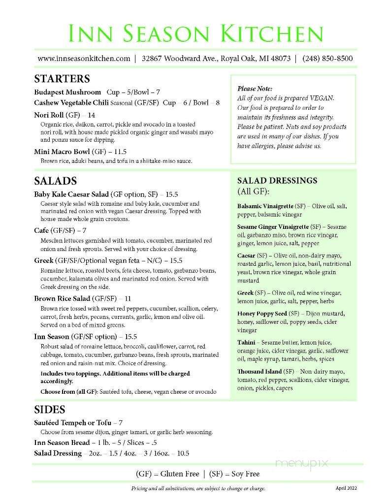 Inn Season Kitchen - Royal Oak, MI menu_pic