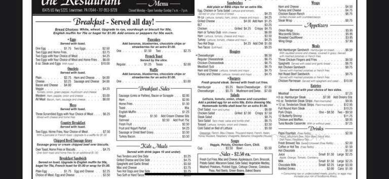 The Restaurant - Lewistown, PA menu_pic