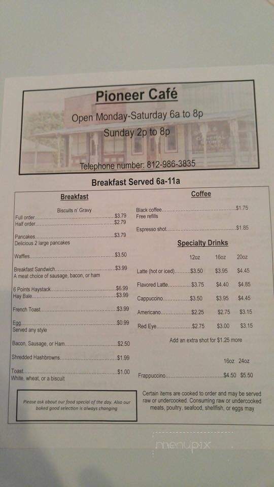Pioneer Cafe - Bowling Green, IN menu_pic