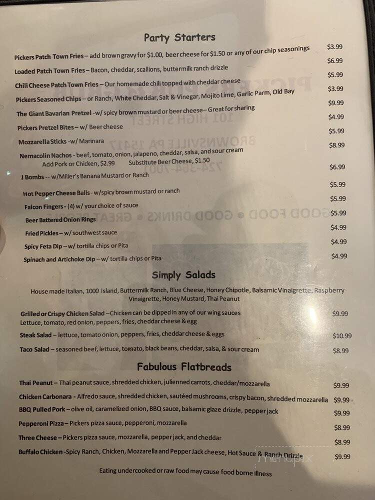 Pickers Pub & Grub - Brownsville, PA menu_pic