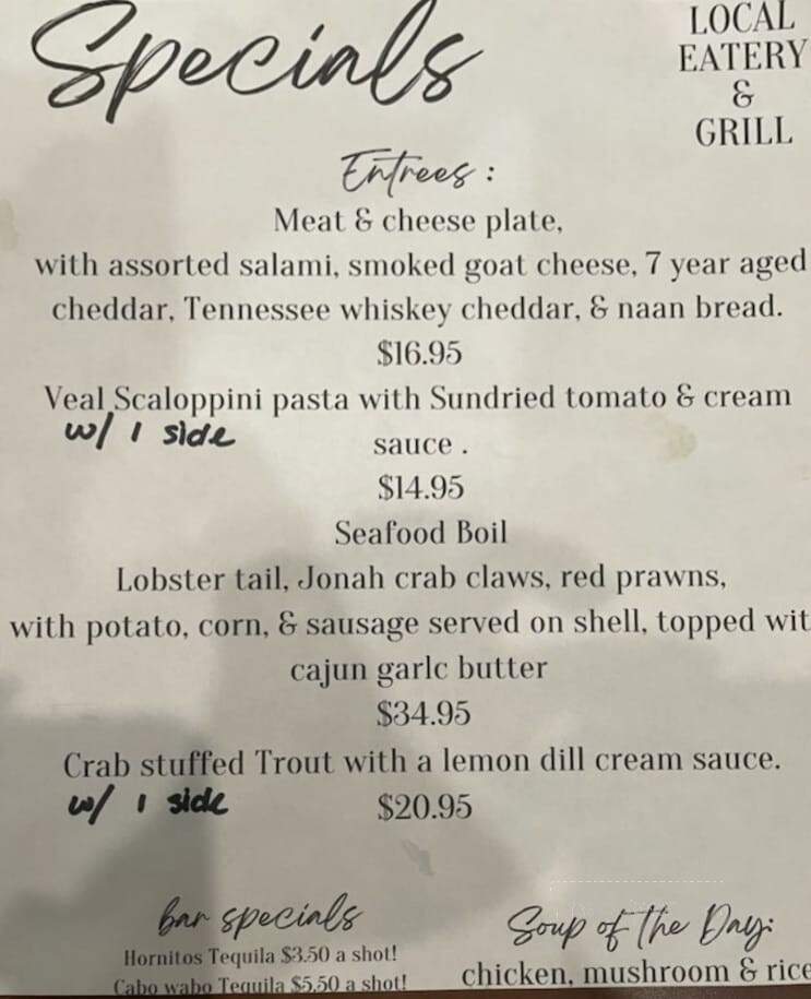 Local Eatery and Grill - Sevierville, TN menu_pic