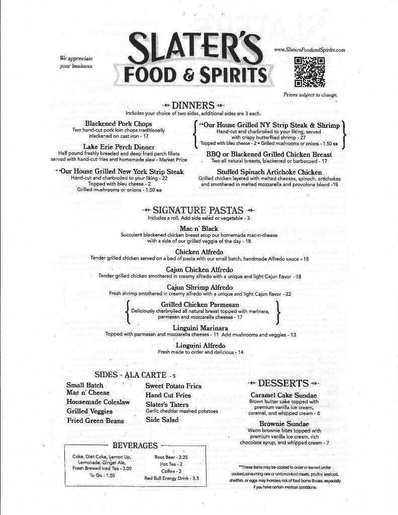 Slater's Food & Spirits - Port Clinton, OH menu_pic