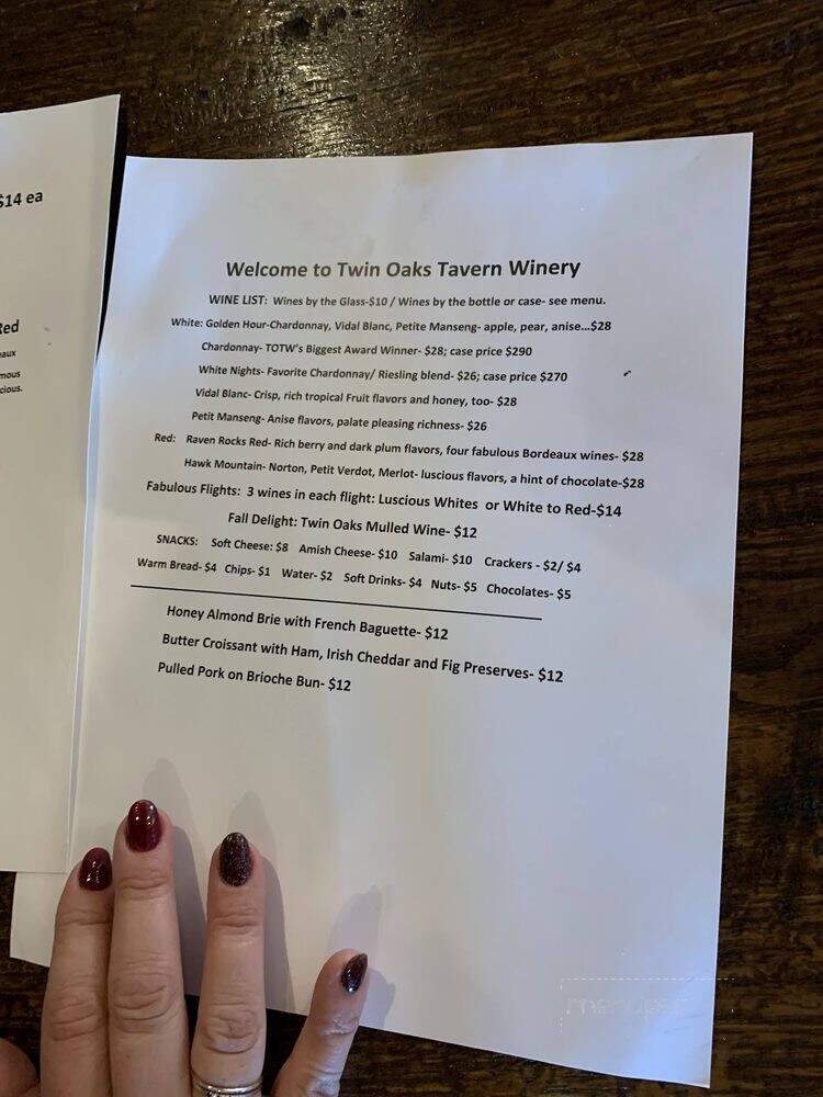 Twin Oaks Tavern Winery - Bluemont, VA menu_pic