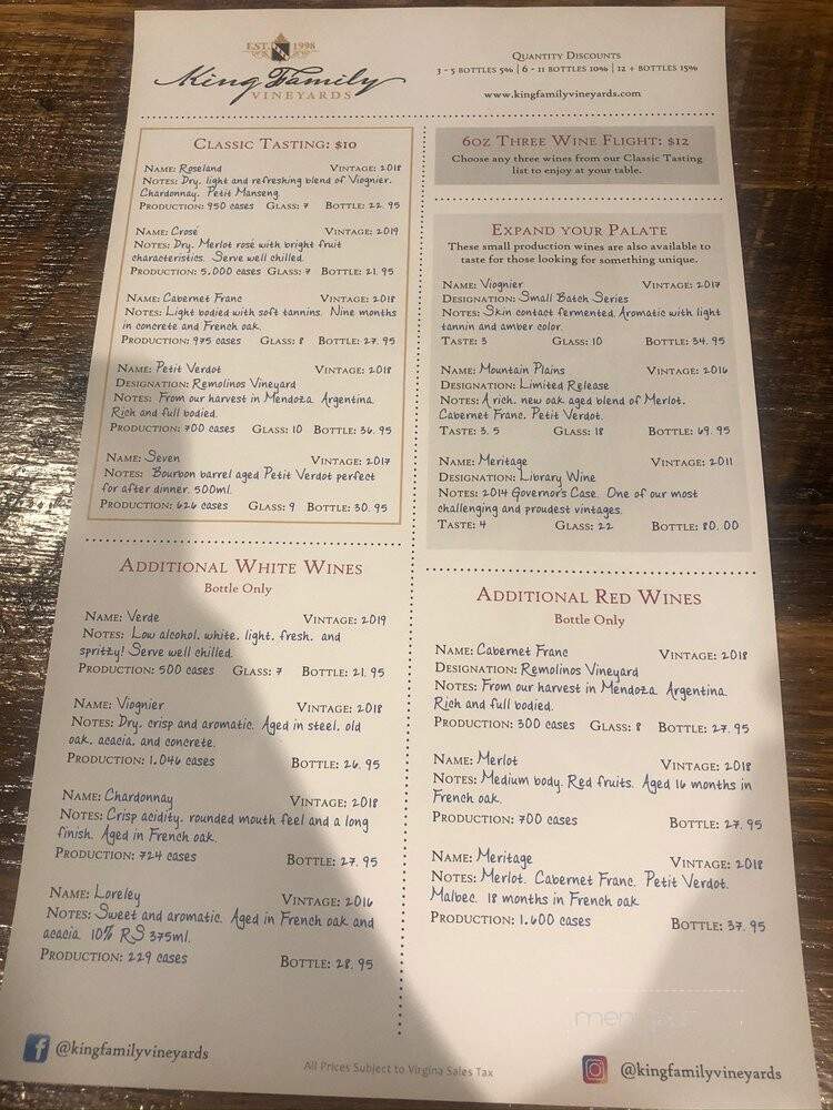 King Family Vineyards - Crozet, VA menu_pic