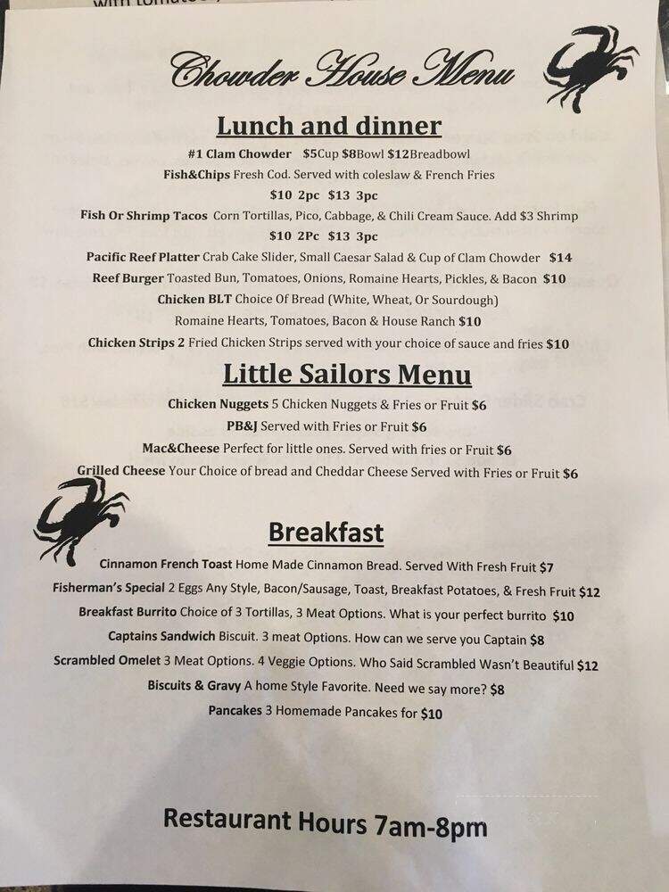 Chowder House at Pacific Reef - Gold Beach, OR menu_pic