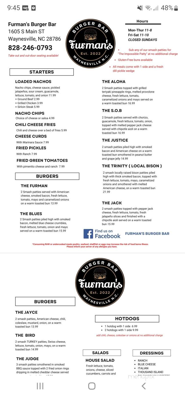 Furman's Burger Bar - Waynesville, NC menu_pic