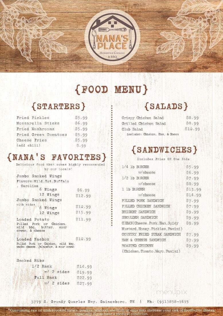 Nana's Place - Gainesboro, TN menu_pic