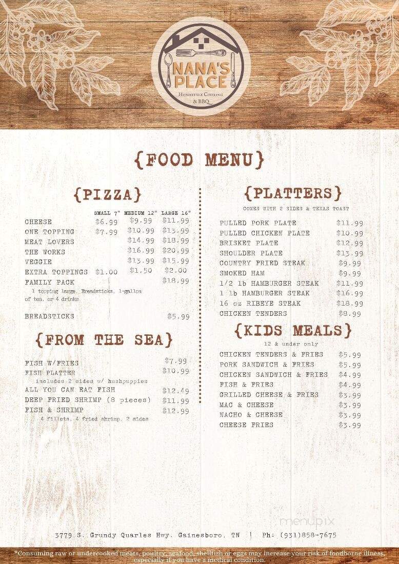 Nana's Place - Gainesboro, TN menu_pic