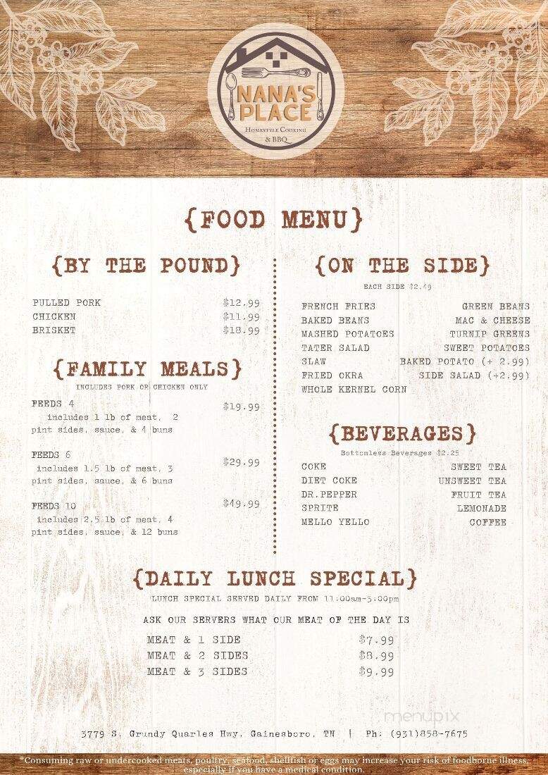 Nana's Place - Gainesboro, TN menu_pic