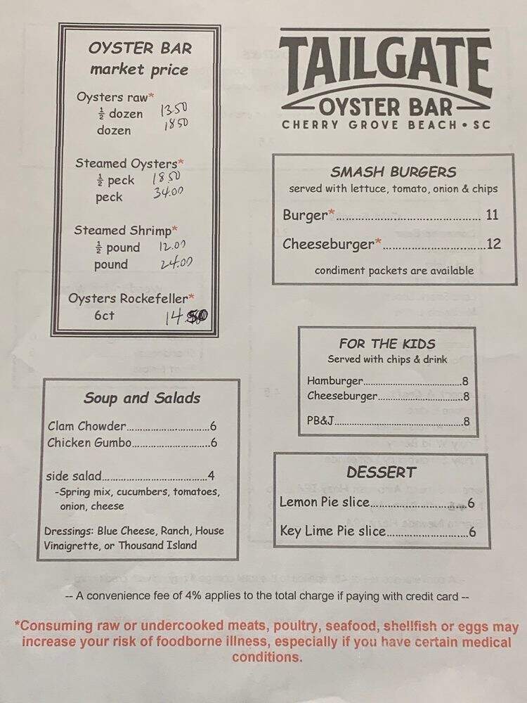 Tailgate Oyster Bar - North Myrtle Beach, SC menu_pic
