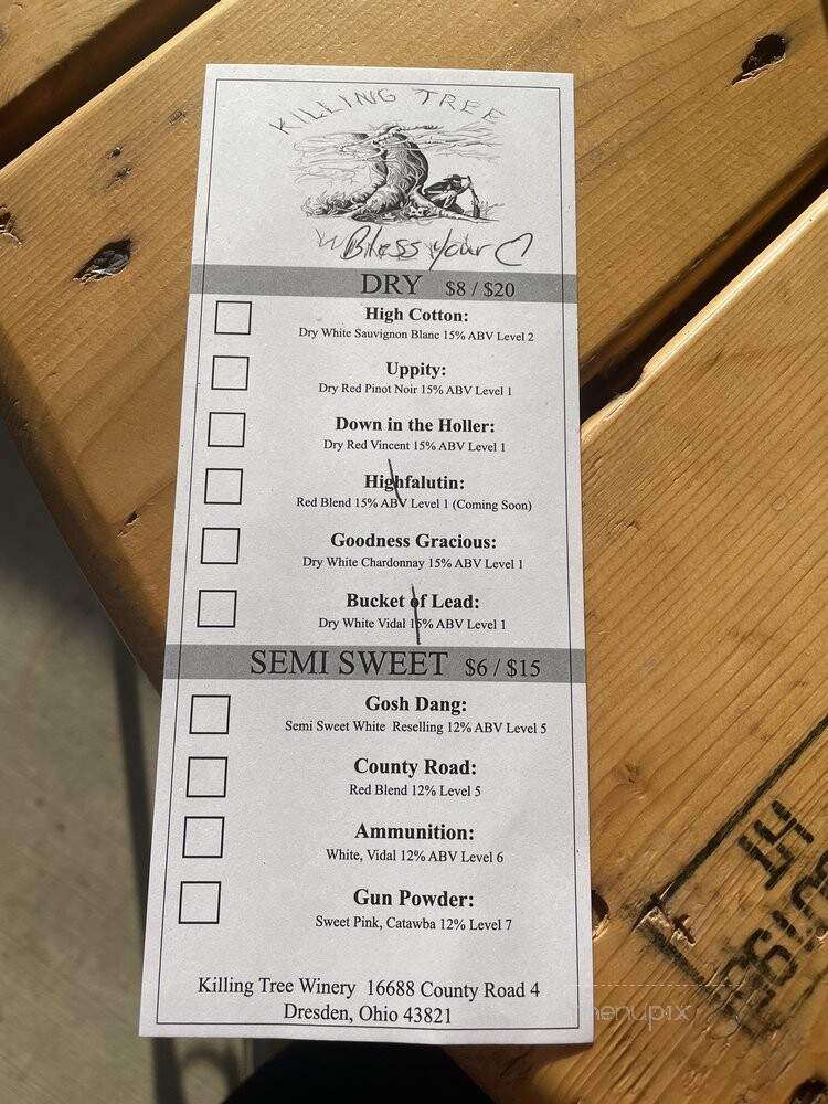 Killing Tree Winery - Dresden, OH menu_pic