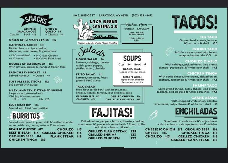 Lazy River Cantina Lounge - Saratoga, WY menu_pic