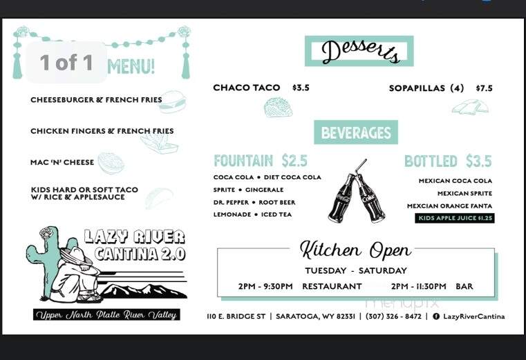 Lazy River Cantina Lounge - Saratoga, WY menu_pic