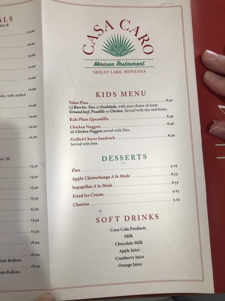 Casa Caro - Seeley Lake, MT menu_pic