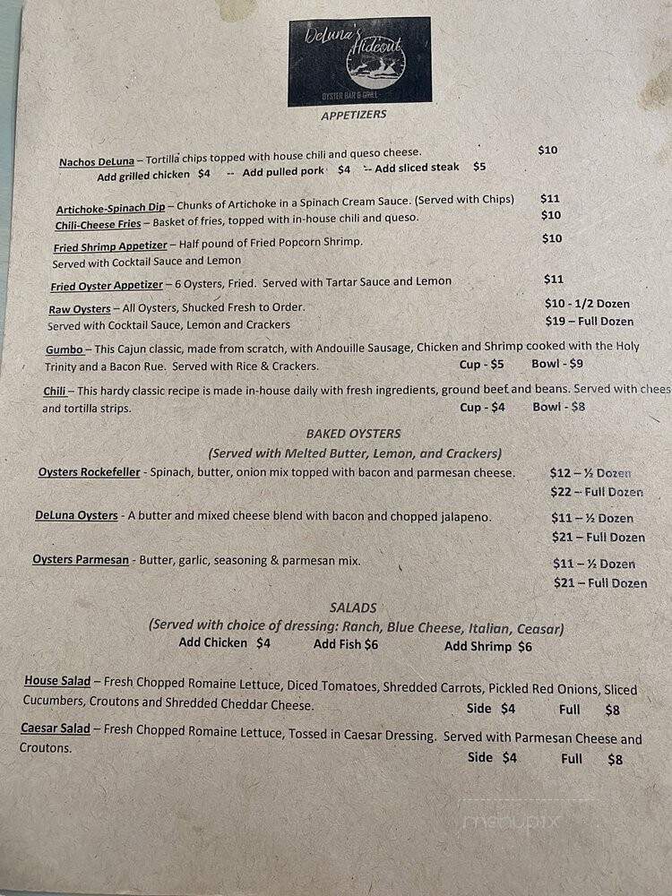 DeLuna's Hideout Bar and Grill - Pensacola, FL menu_pic