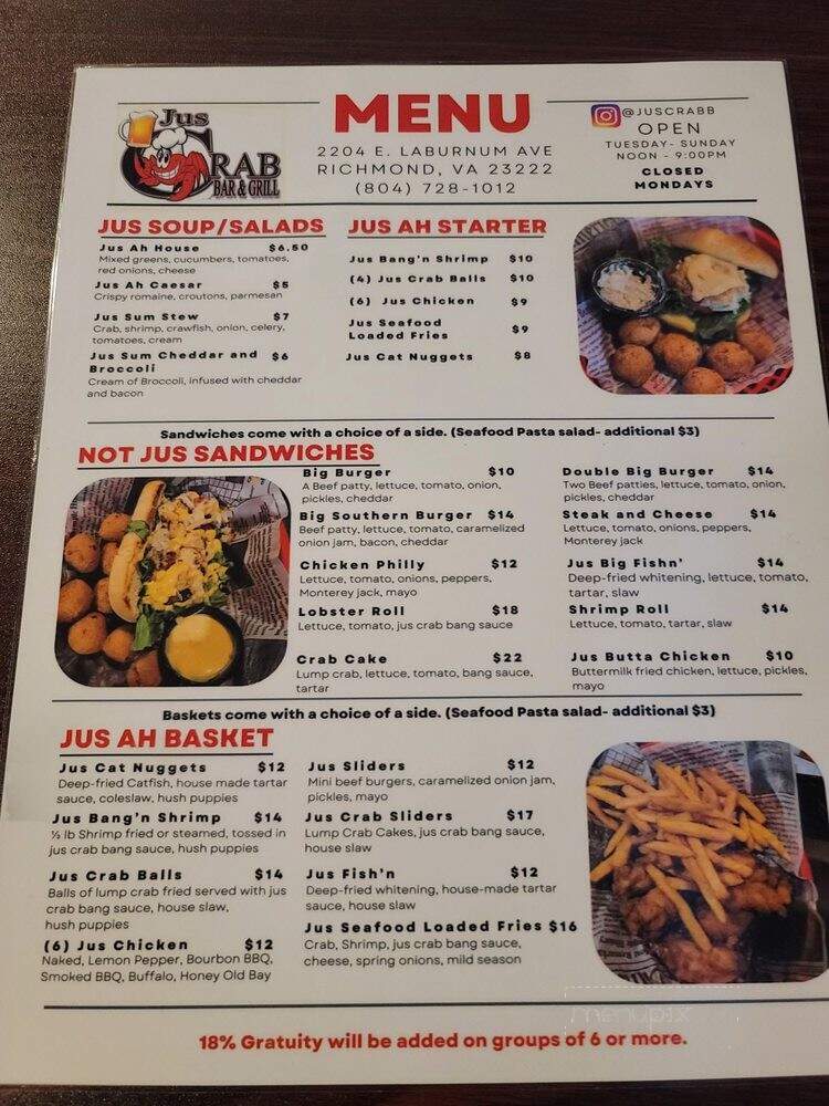 Jus Crab Bar & Grill - Richmond, VA menu_pic