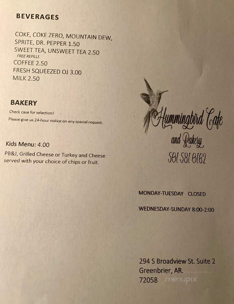 Hummingbird Cafe & Bakery - Greenbrier, AR
