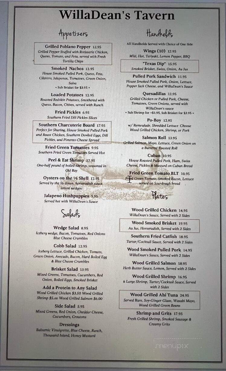 WillaDeans Tavern - Hartwell, GA menu_pic