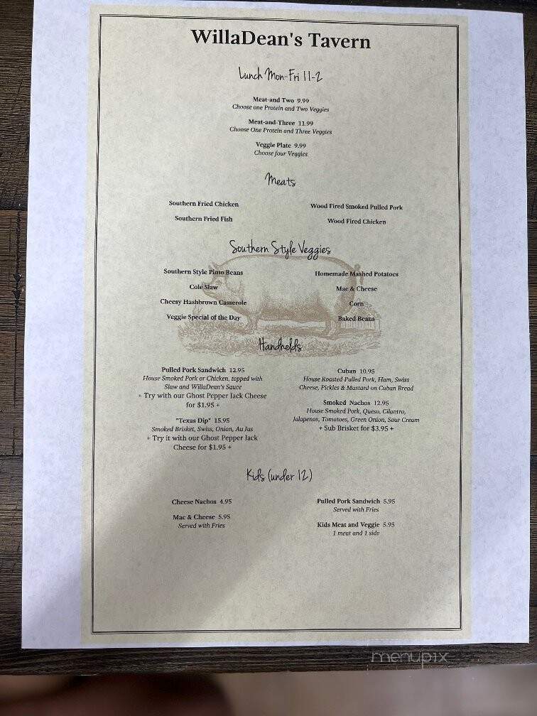 WillaDeans Tavern - Hartwell, GA menu_pic