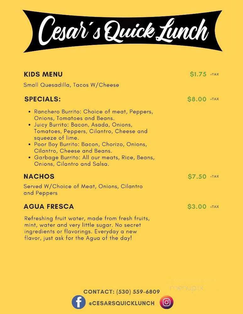 Cesar's Quick Lunch - Grass Valley, CA menu_pic