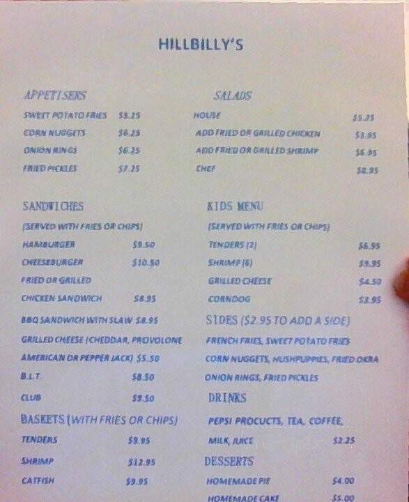Hillbilly's - Columbia, NC menu_pic