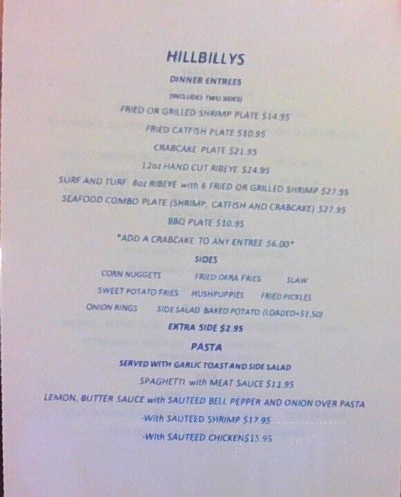 Hillbilly's - Columbia, NC menu_pic