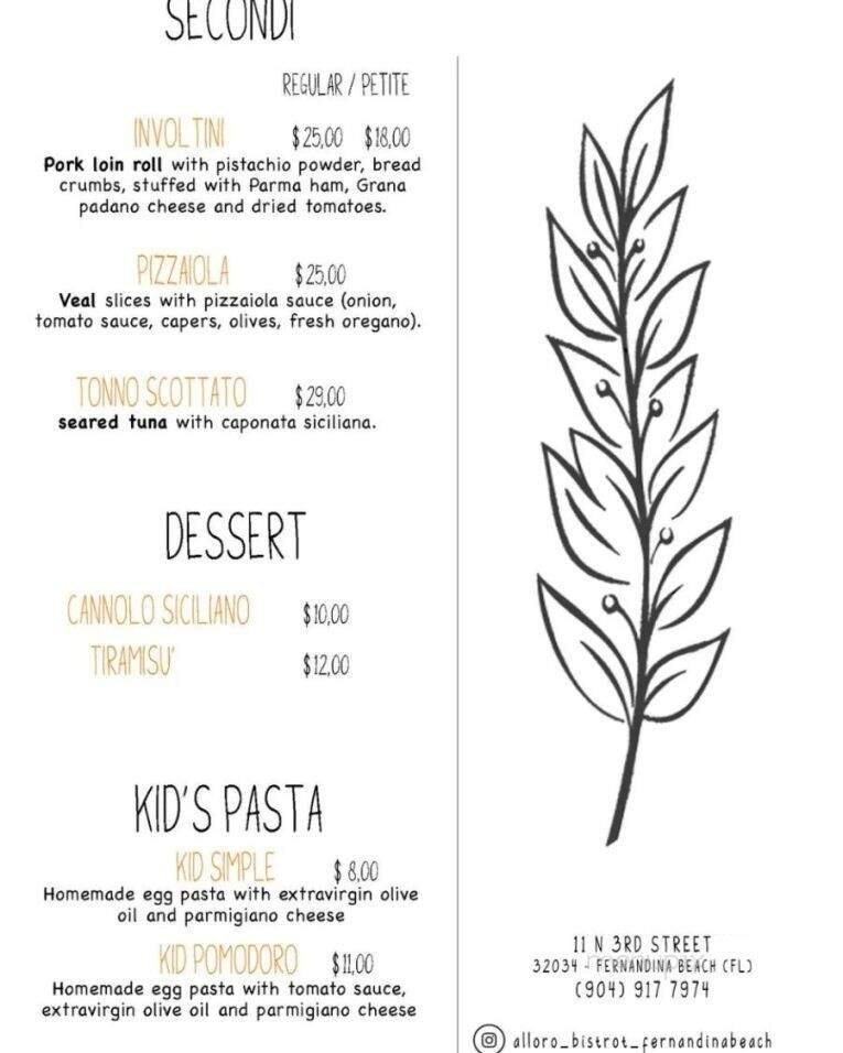 Alloro Italian Bistrot - Fernandina Beach, FL menu_pic