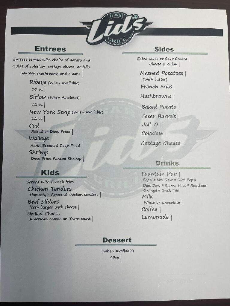 Lid's Bar & Grill - Waukon, IA menu_pic
