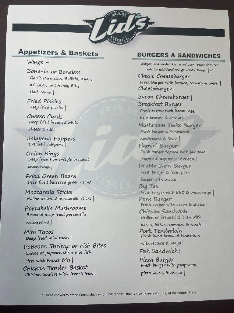 Lid's Bar & Grill - Waukon, IA menu_pic