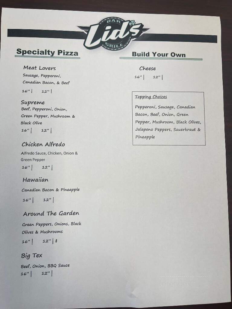 Lid's Bar & Grill - Waukon, IA menu_pic