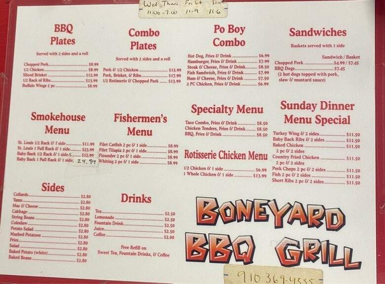 Boneyard Bar-B-Q Grill - Wagram, NC menu_pic