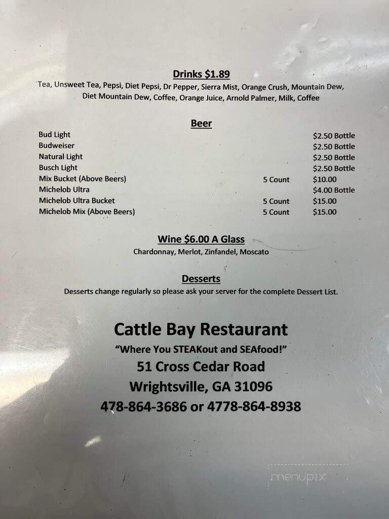Cattle Bay Restaurant - Wrightsville, GA menu_pic