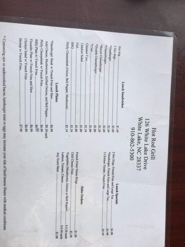 Hot Rod's Grill - White Lake, NC menu_pic