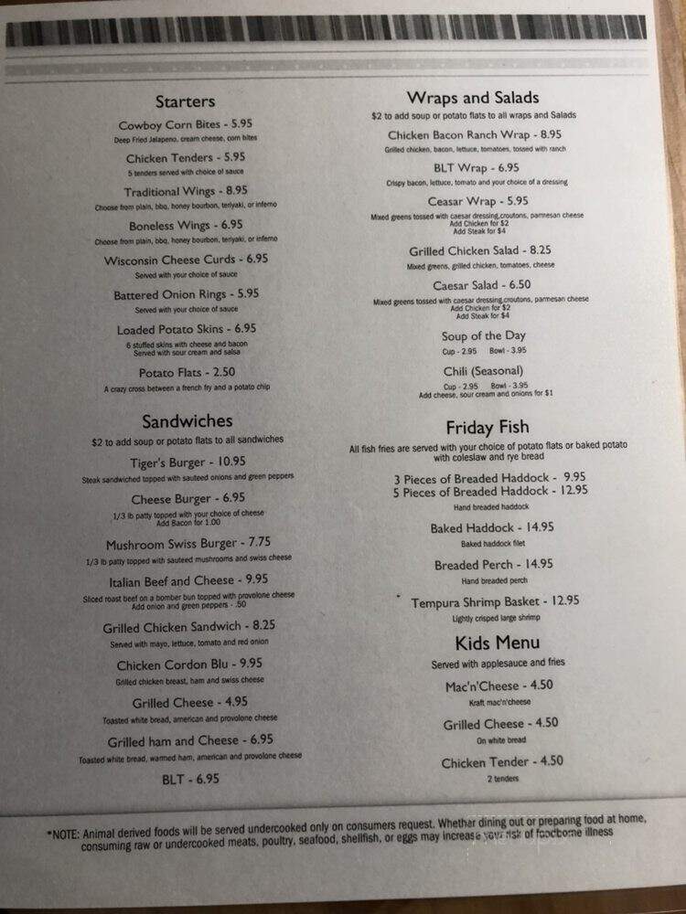 Tiger's Sport Bar and Grill - Ripon, WI menu_pic