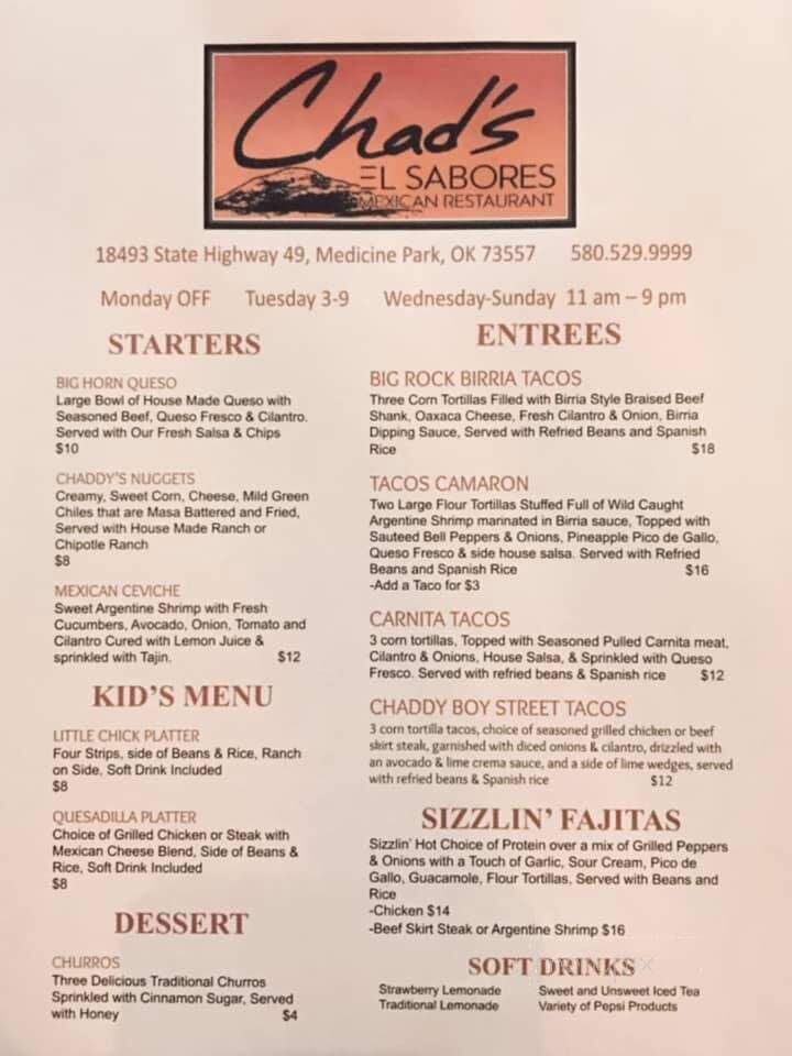 Chad's El Sabores Mexican Restaraunt - Medicine Park, OK menu_pic