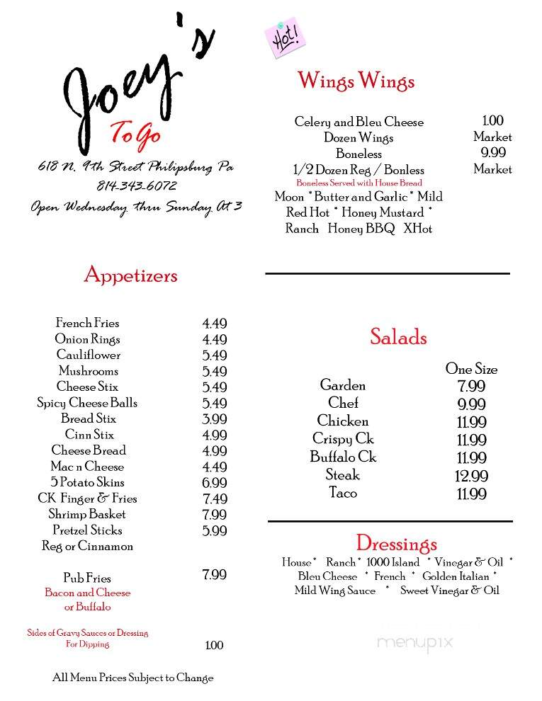 Joey's To Go - Philipsburg, PA menu_pic