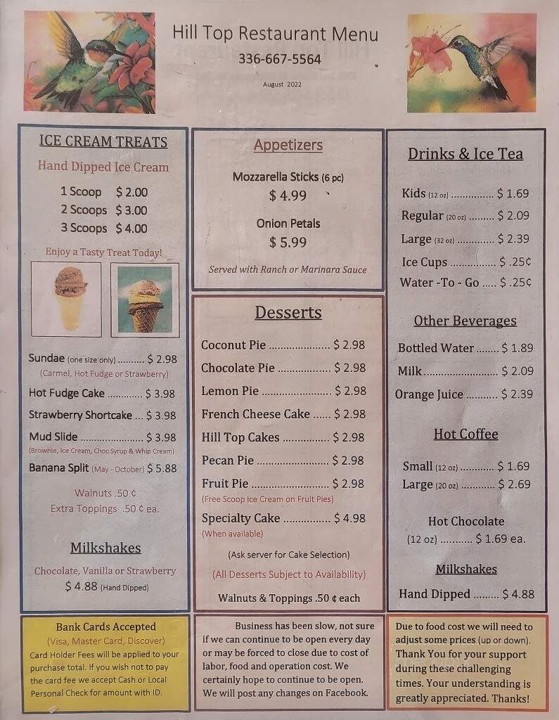 Hill Top Restaurant - North Wilkesboro, NC menu_pic