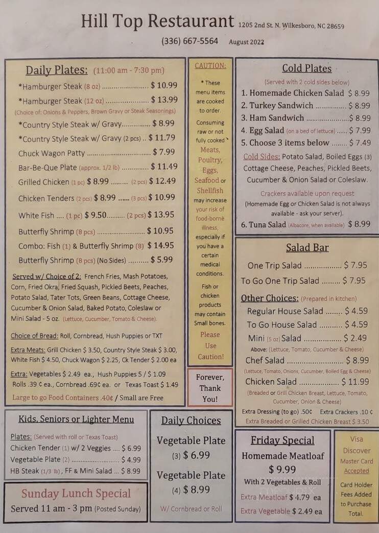 Hill Top Restaurant - North Wilkesboro, NC menu_pic