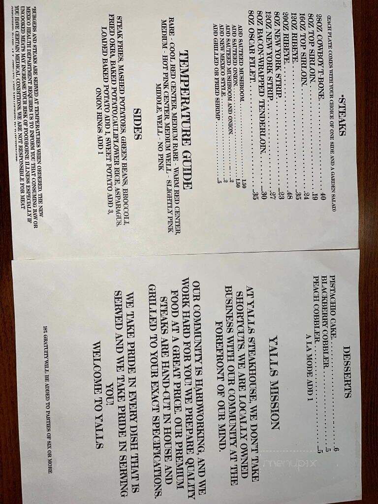Y'alls Steakhouse - Alamogordo, NM menu_pic