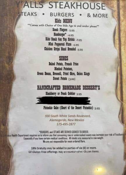 Y'alls Steakhouse - Alamogordo, NM menu_pic