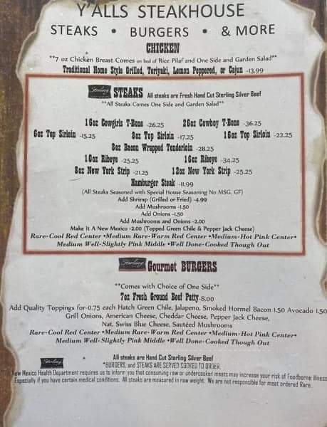 Y'alls Steakhouse - Alamogordo, NM menu_pic