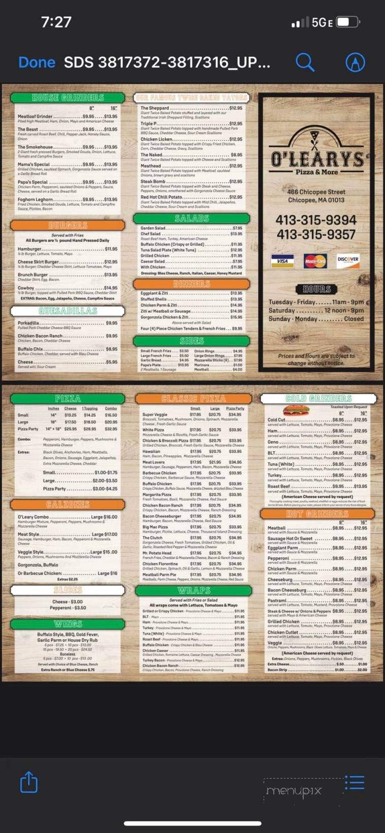 O'Leary's - Chicopee, MA menu_pic